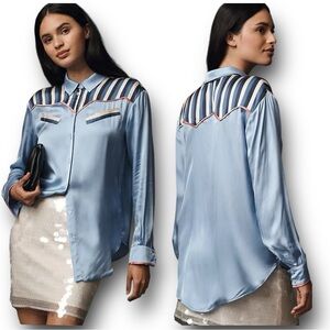 New Maeve Long-Sleeve Silky Western Buttondown Blouse In Light Blue Size L